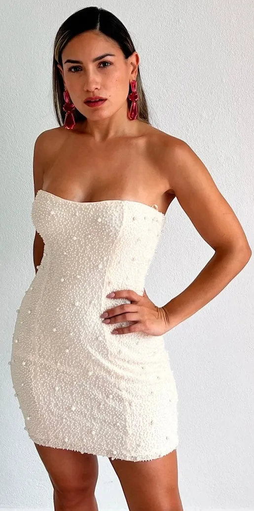 Charming Always Beige Pearls Mini Dress