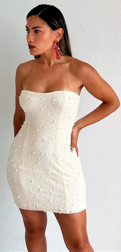 Charming Always Beige Pearls Mini Dress