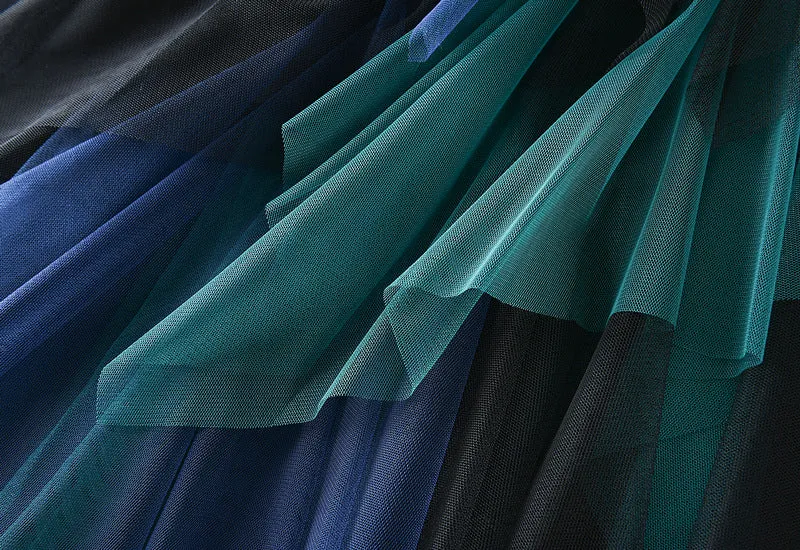Color Block Mesh Multi-layer Irregular Waist Mid Length Skirt