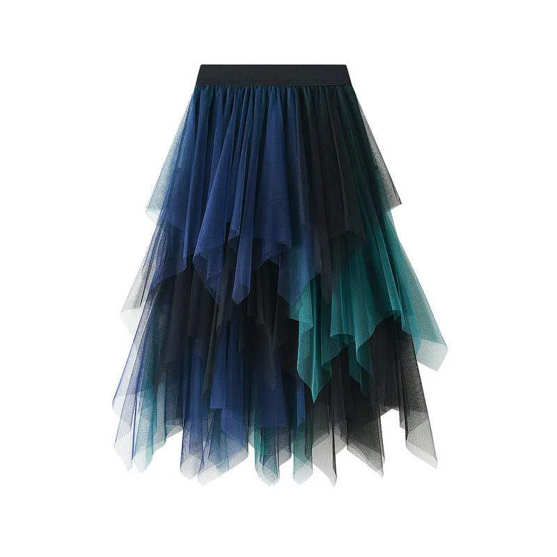 Color Block Mesh Multi-layer Irregular Waist Mid Length Skirt