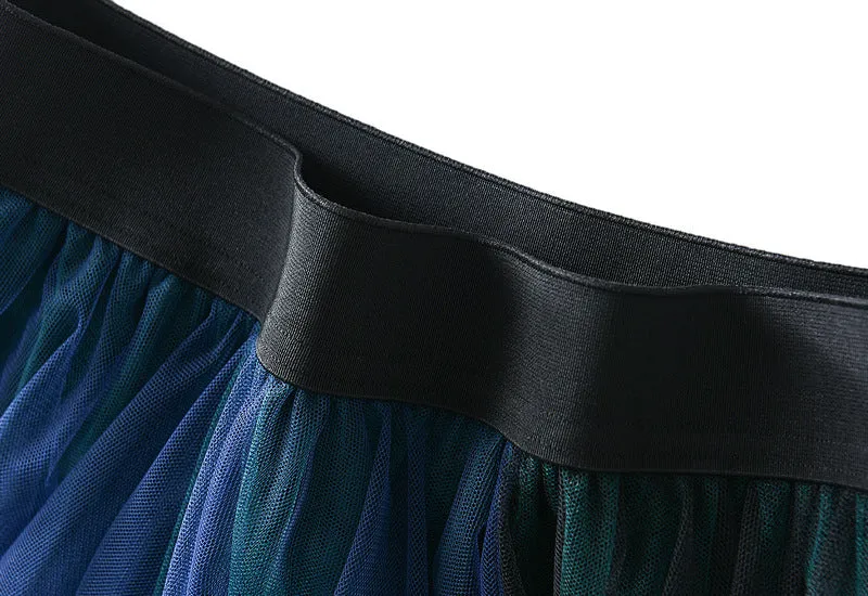 Color Block Mesh Multi-layer Irregular Waist Mid Length Skirt