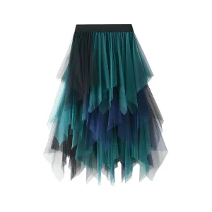 Color Block Mesh Multi-layer Irregular Waist Mid Length Skirt