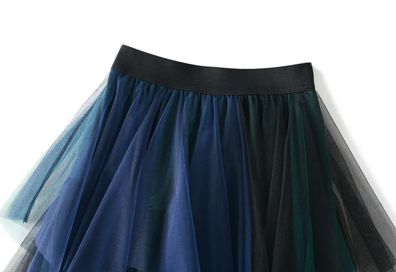 Color Block Mesh Multi-layer Irregular Waist Mid Length Skirt