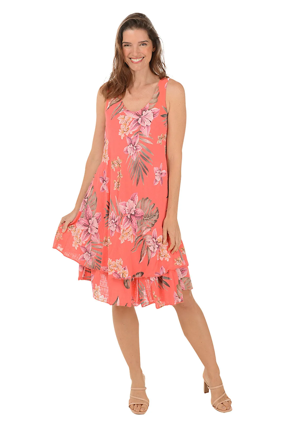 Coral Lilies V-Neck Sleeveless Dress