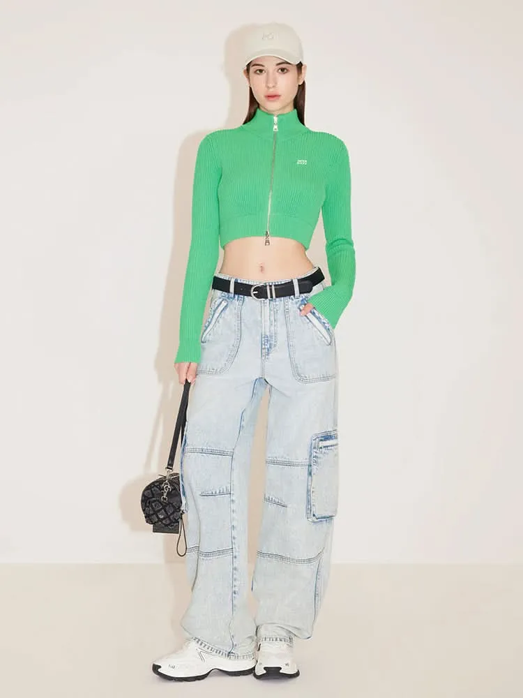Cropped Woolen Jacket With Double Zipper