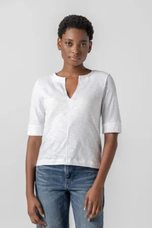 Cuffed Sleeve Split Neck Top-White
