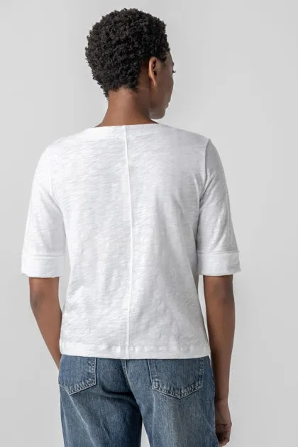 Cuffed Sleeve Split Neck Top-White