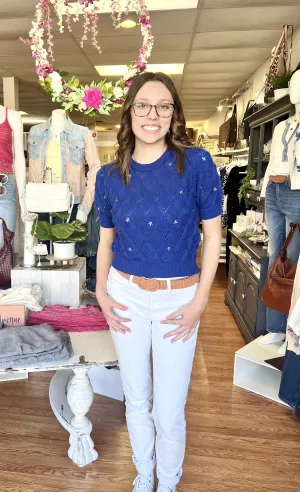 Dainty Embroidered Daisy Short Sleeve Sweater Electric Blue