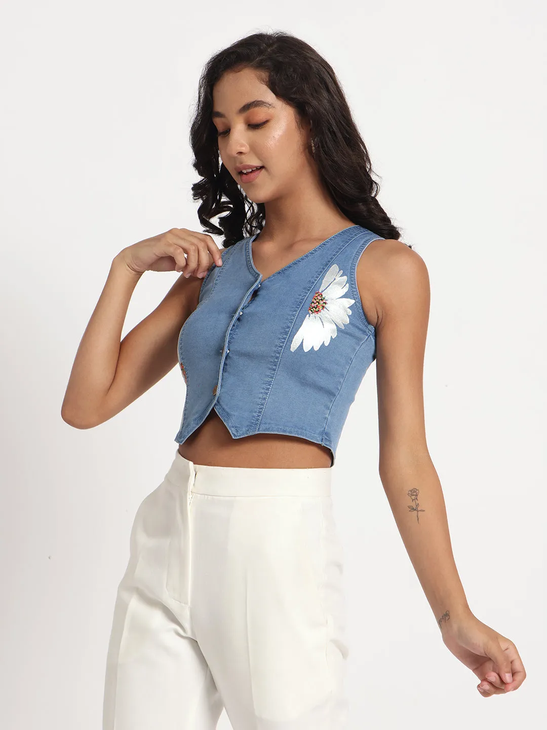 Daisy Delight Hand-Painted Buttoned Denim Vest