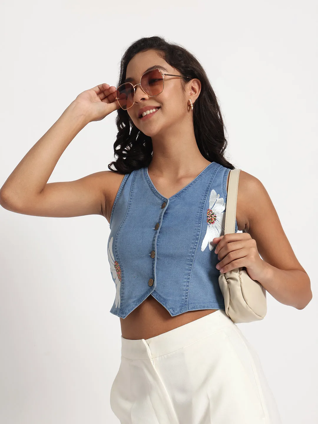 Daisy Delight Hand-Painted Buttoned Denim Vest