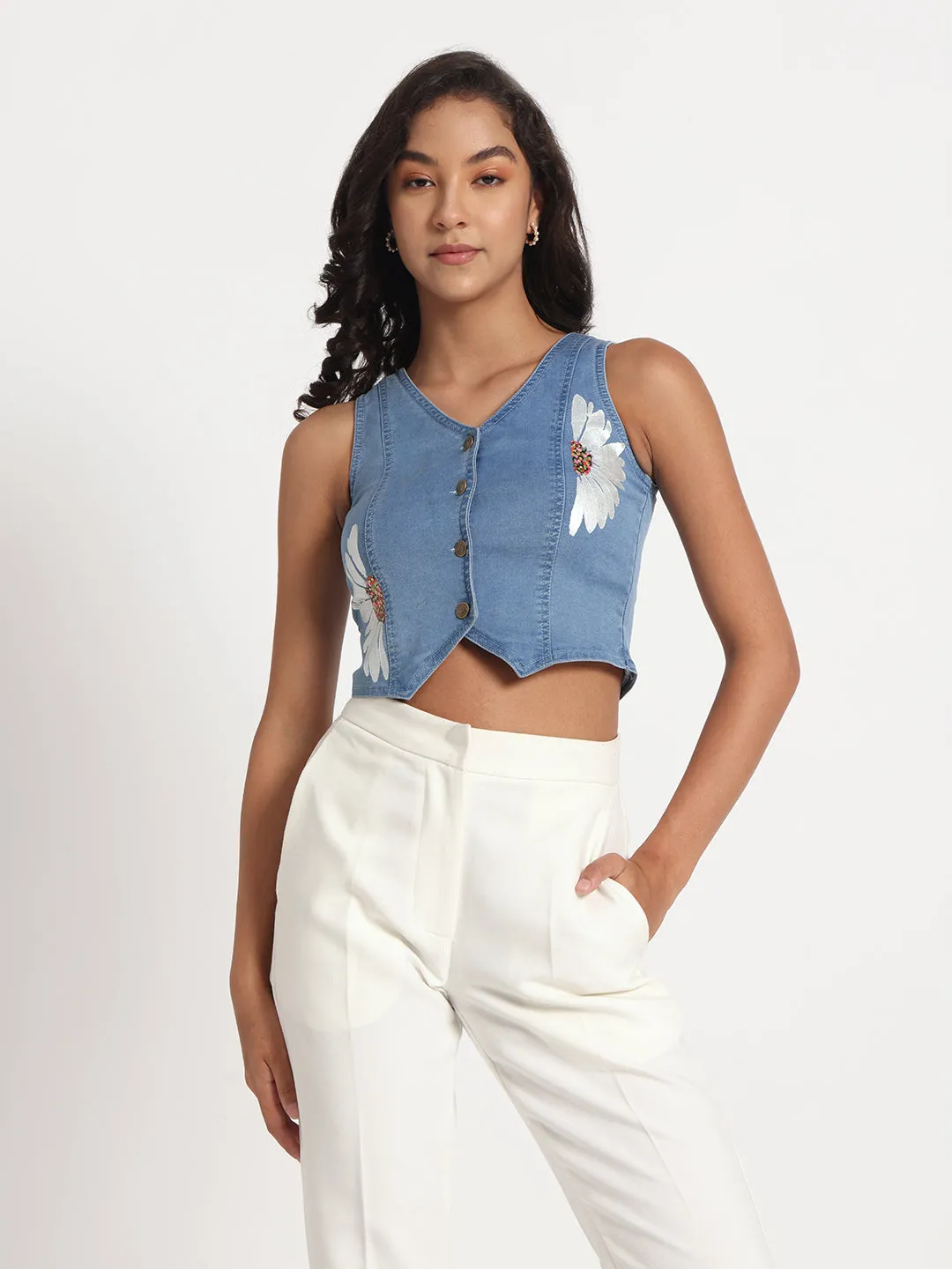 Daisy Delight Hand-Painted Buttoned Denim Vest