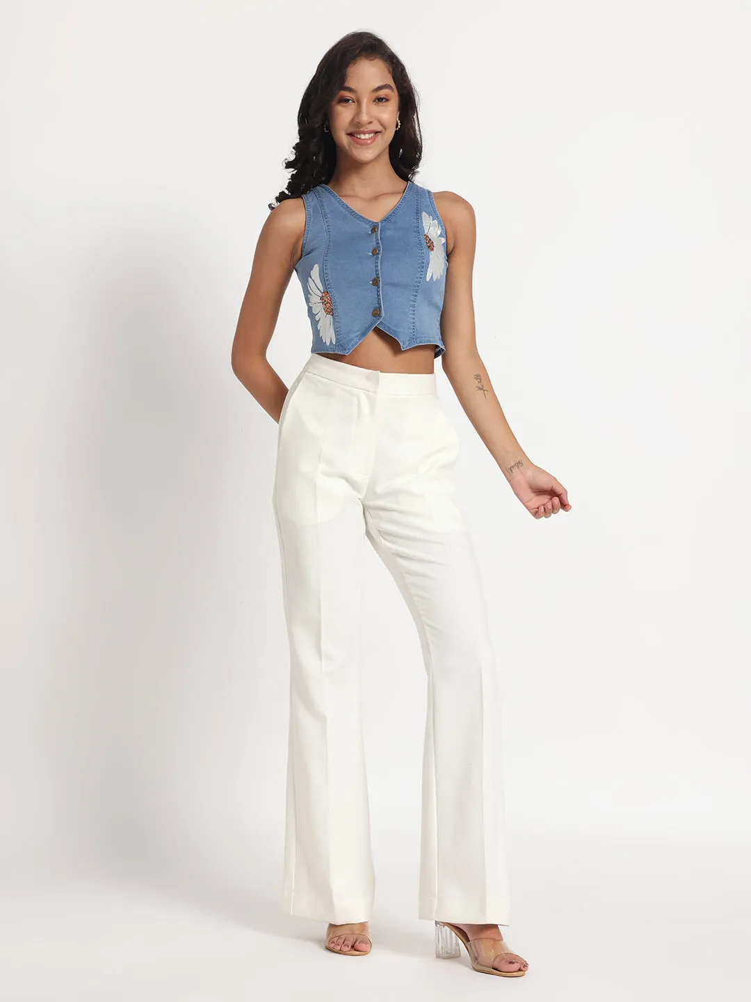Daisy Delight Hand-Painted Buttoned Denim Vest