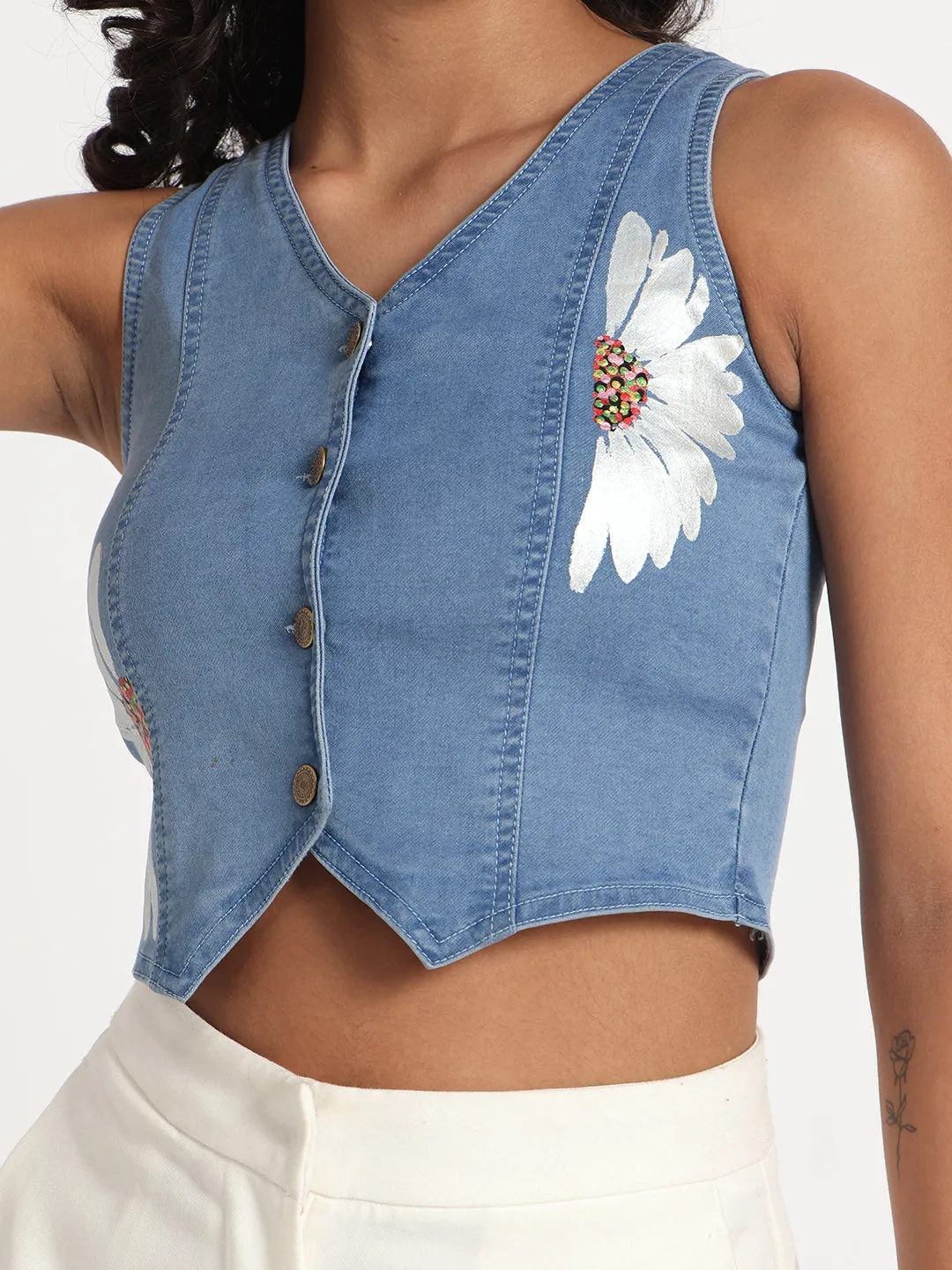 Daisy Delight Hand-Painted Buttoned Denim Vest