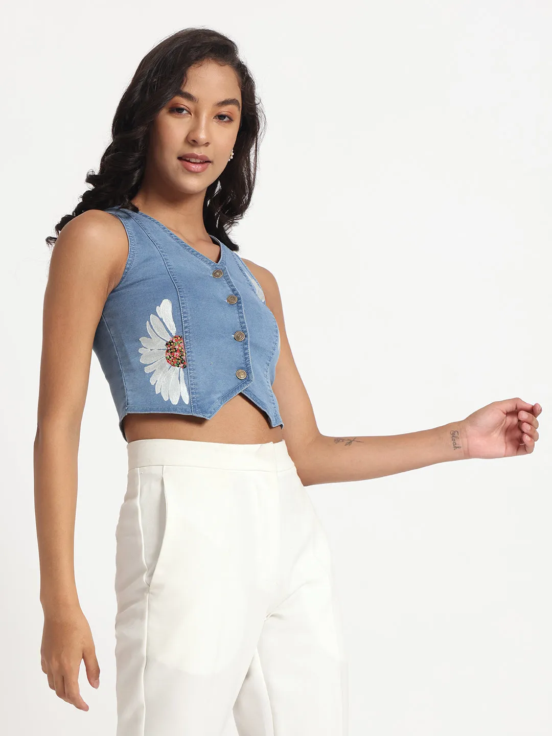 Daisy Delight Hand-Painted Buttoned Denim Vest