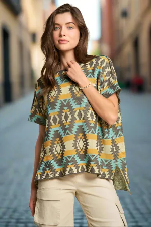 Davi & Dani Women’s High-Low Geometric Print Knit Top | Stylish Round Neck Casual Tee