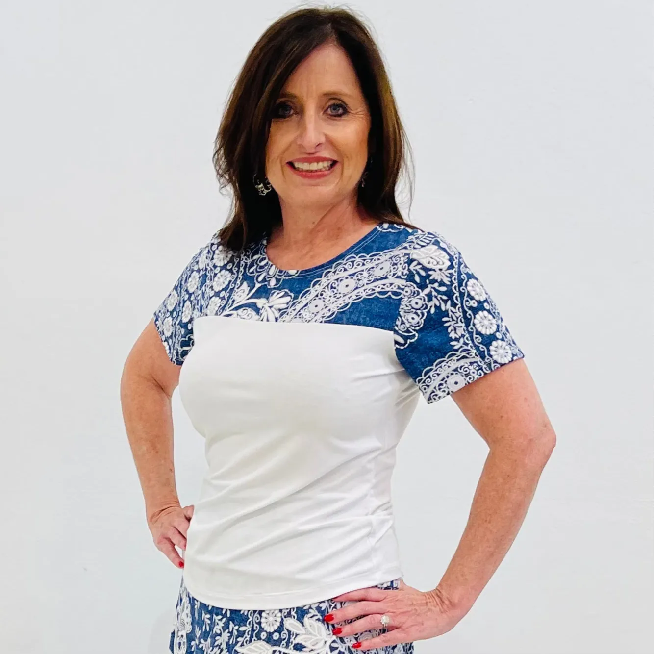 Denim and Lace Print with White Contrast Top