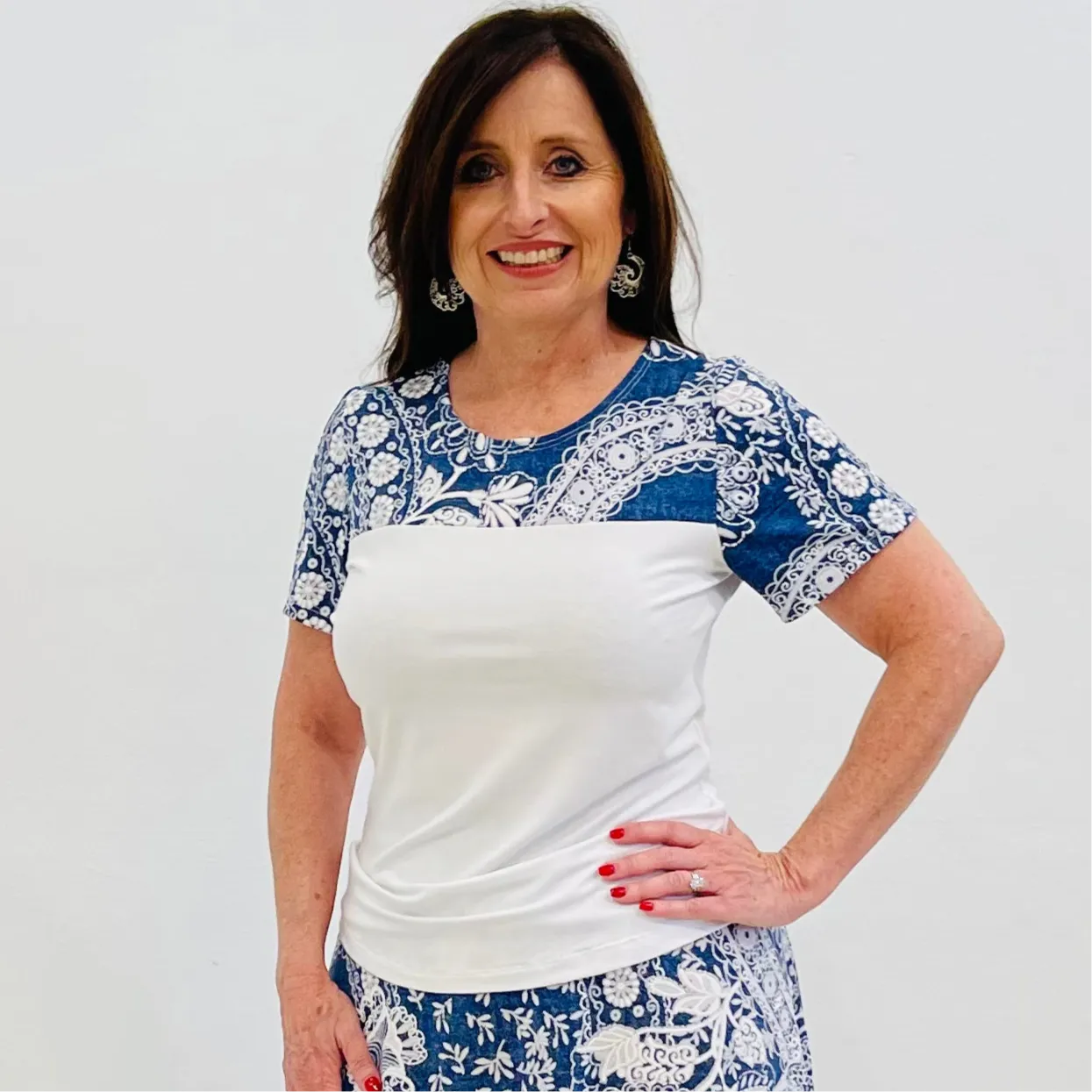 Denim and Lace Print with White Contrast Top