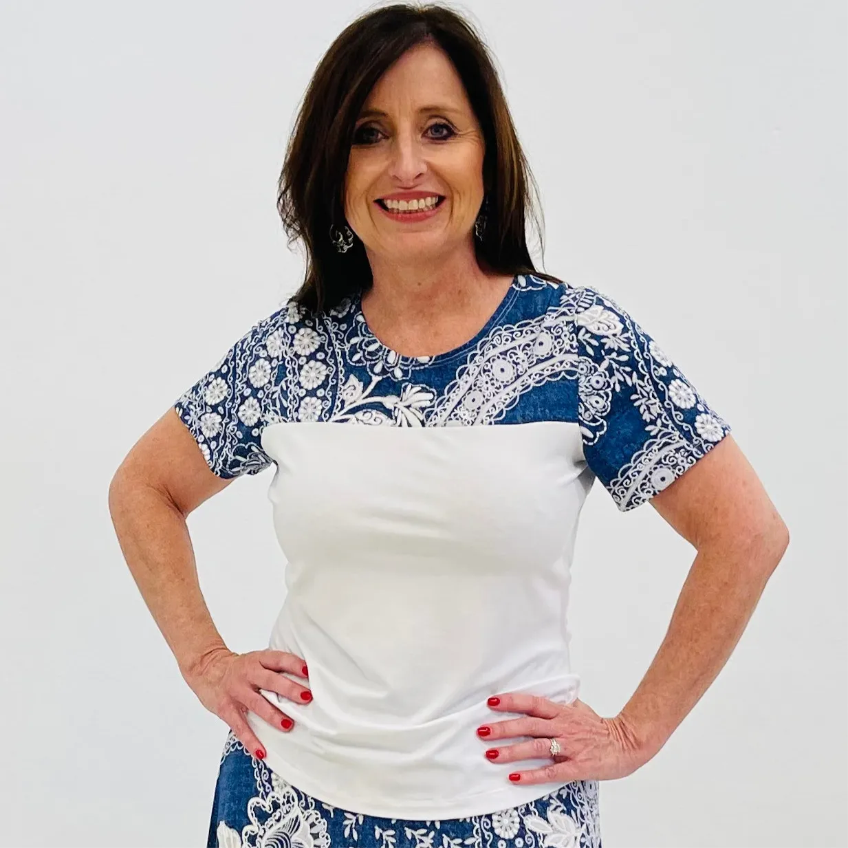 Denim and Lace Print with White Contrast Top
