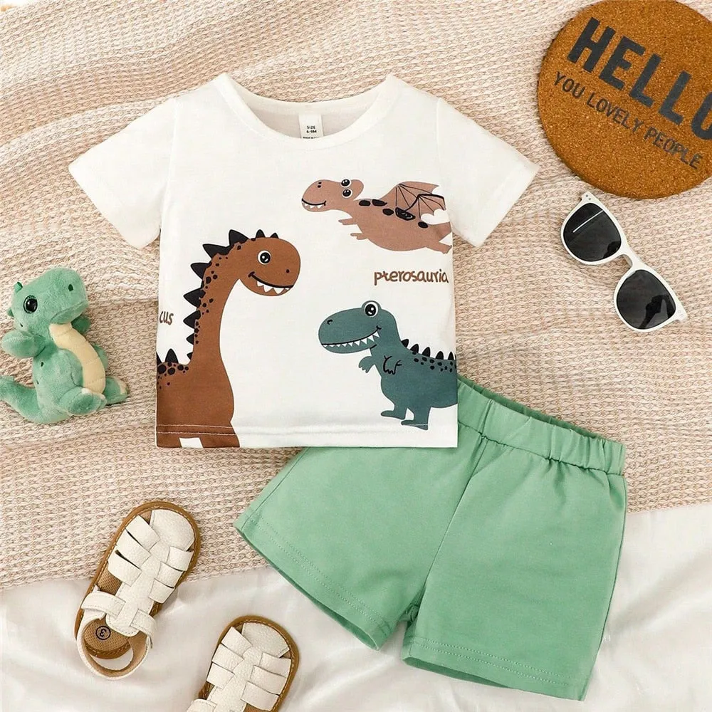 Dino Baby Boy 2PC Set Cute Cartoon Top   Brown Shorts