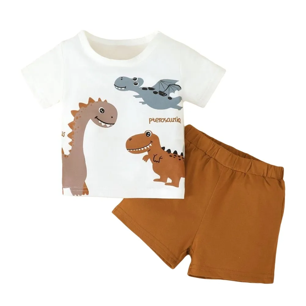 Dino Baby Boy 2PC Set Cute Cartoon Top   Brown Shorts