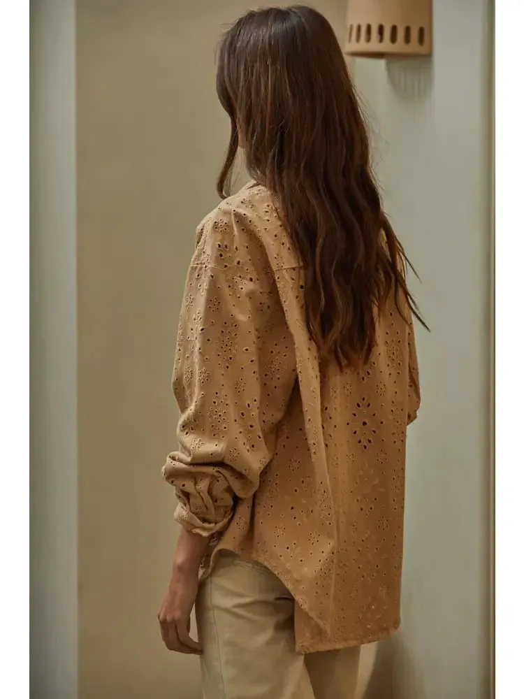 Donny Eyelet Shacket- Camel