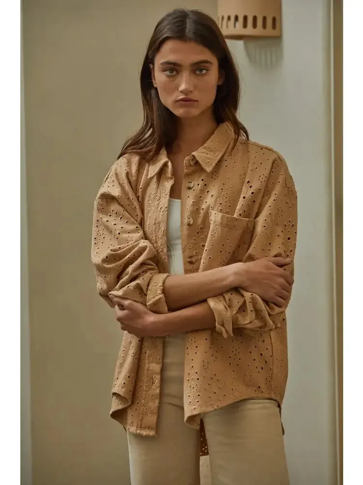 Donny Eyelet Shacket- Camel