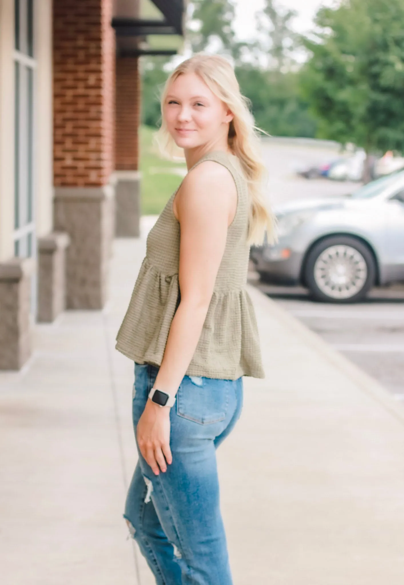 Easy Street Babydoll Waffle Tank in Olive