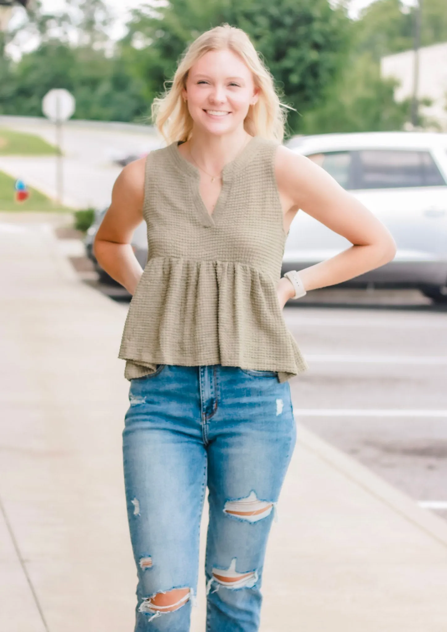 Easy Street Babydoll Waffle Tank in Olive