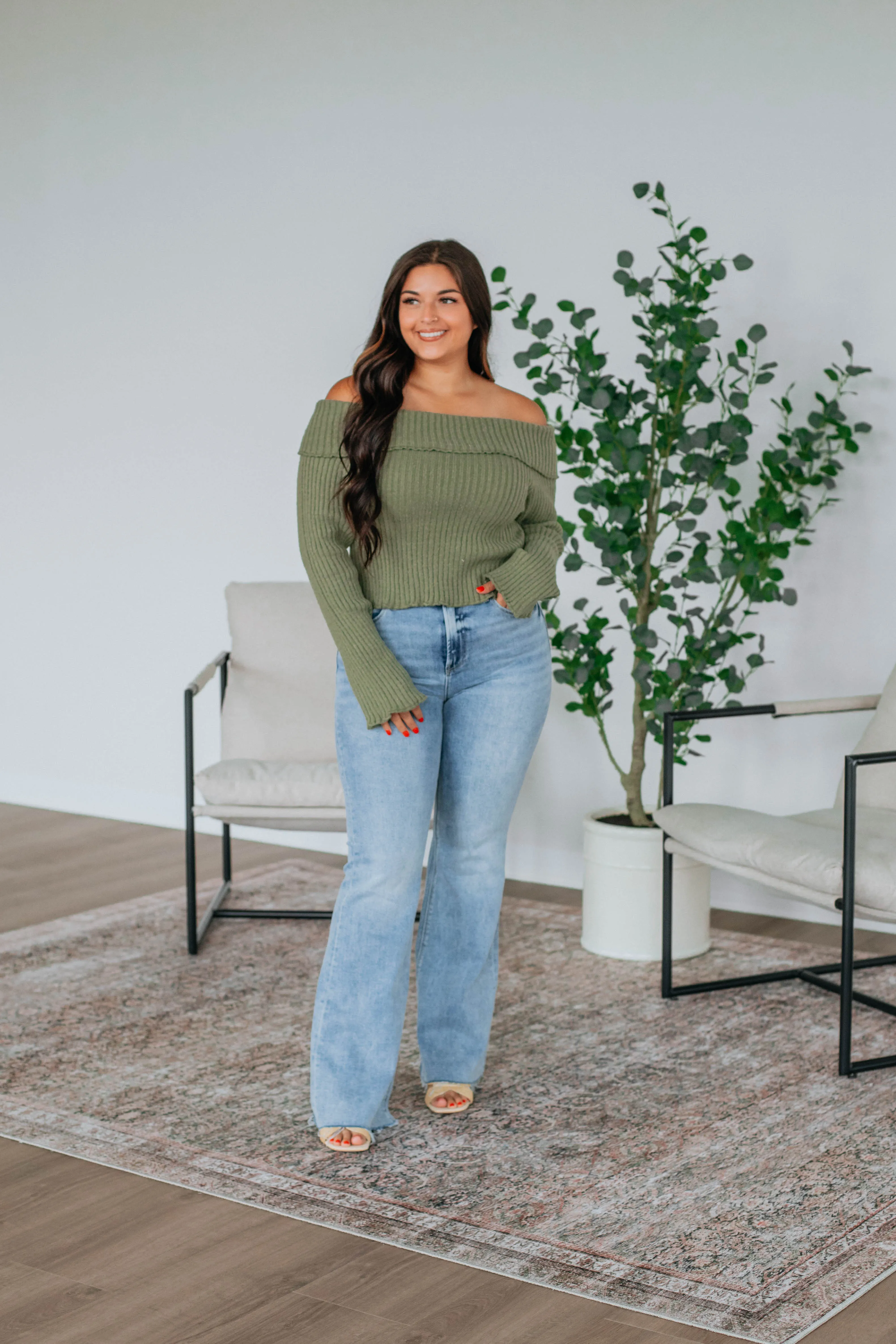 Elaine Off Shoulder Sweater  - Olive