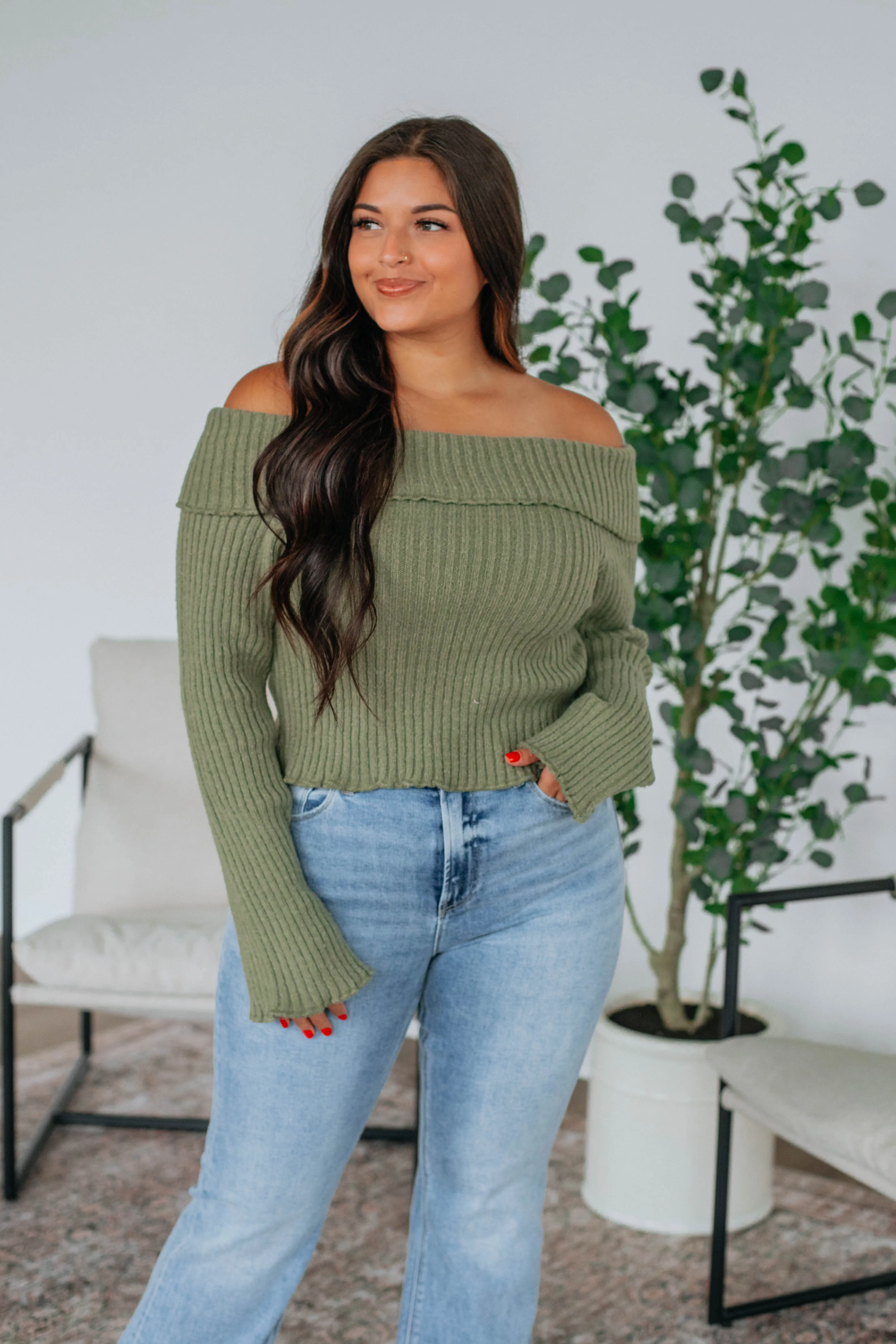 Elaine Off Shoulder Sweater  - Olive