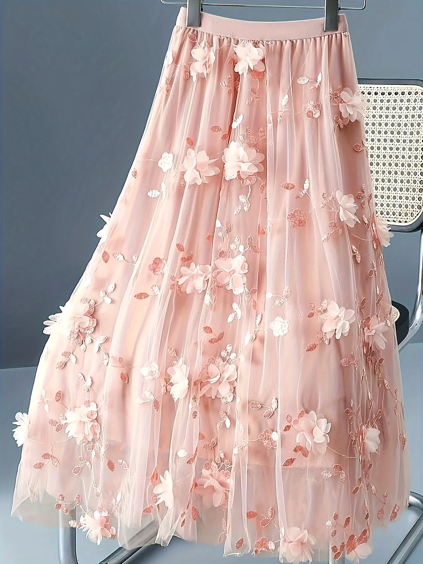 Elegant Floral Midi Skirt Light Blue A-Line Women's Dress