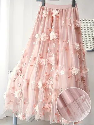 Elegant Floral Midi Skirt Light Blue A-Line Women's Dress
