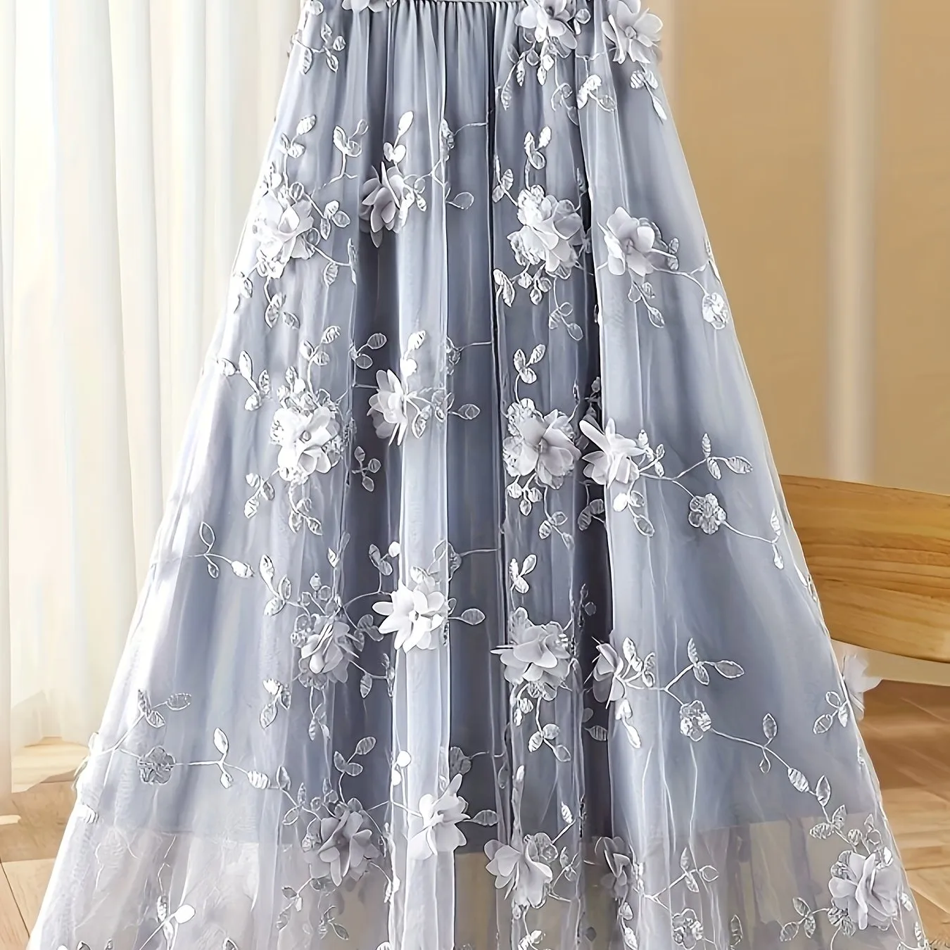 Elegant Floral Midi Skirt Light Blue A-Line Women's Dress