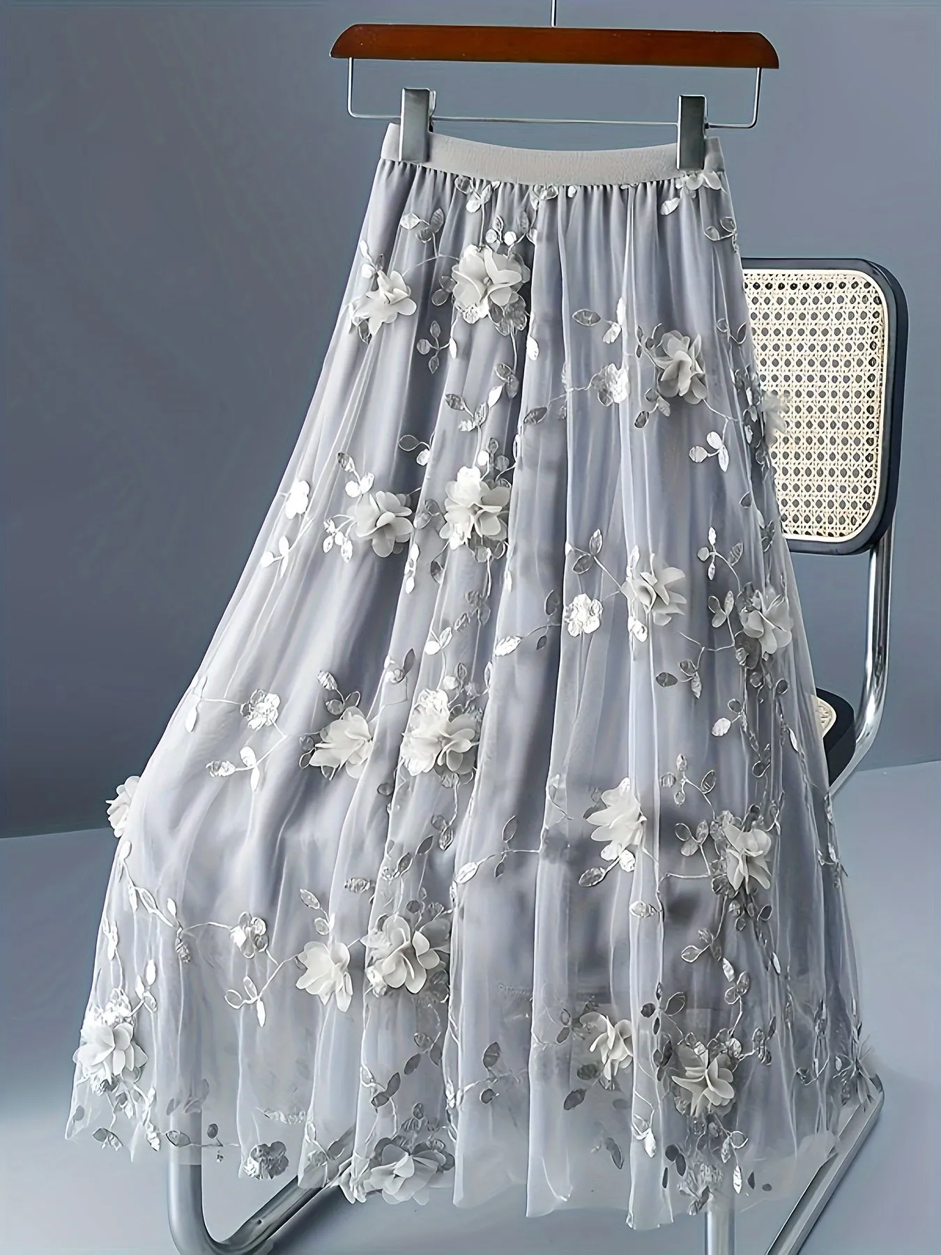 Elegant Floral Midi Skirt Light Blue A-Line Women's Dress