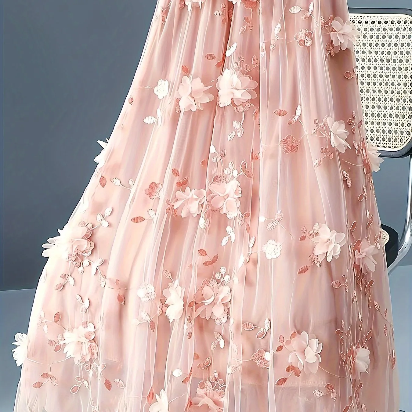 Elegant Floral Midi Skirt Light Blue A-Line Women's Dress