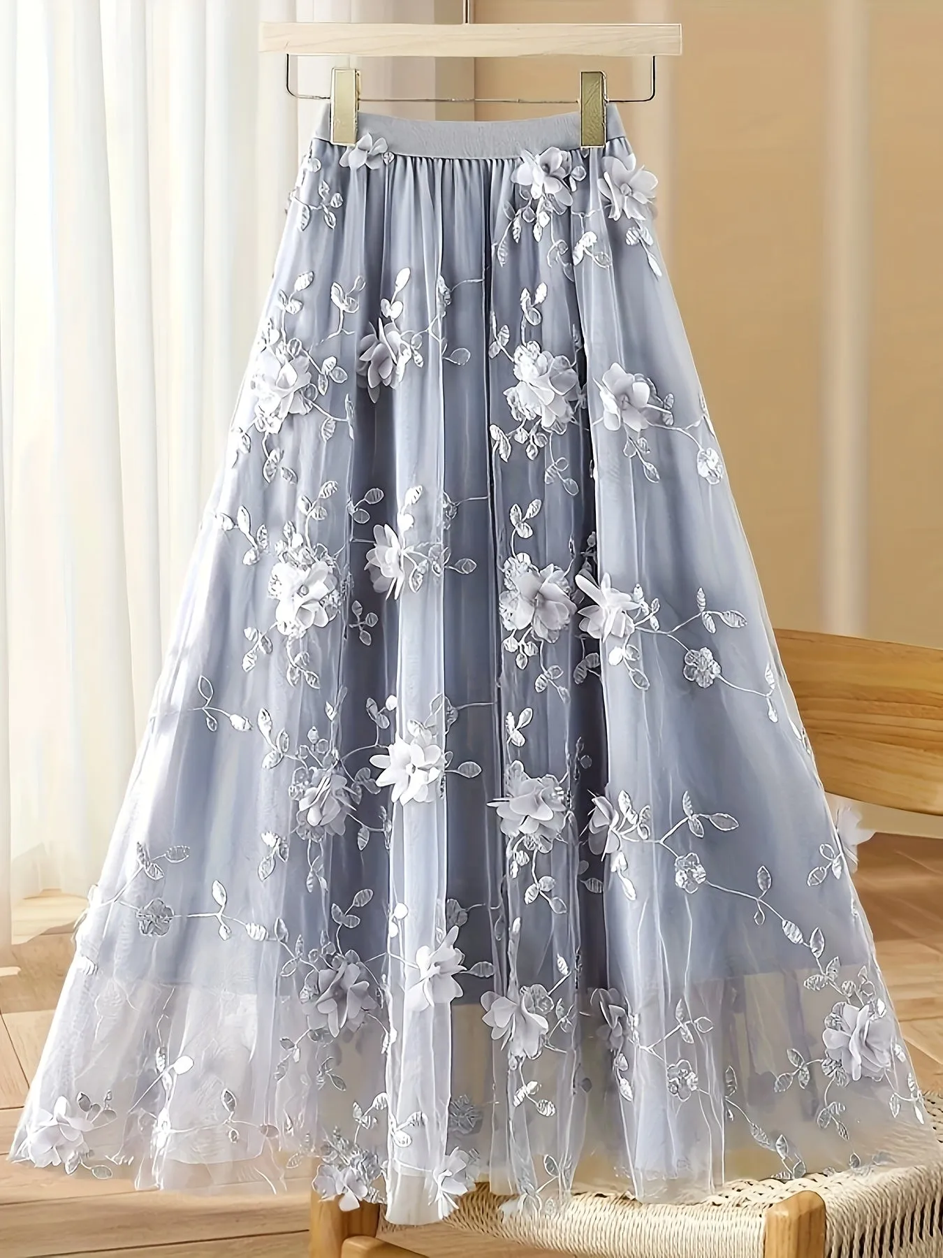 Elegant Floral Midi Skirt Light Blue A-Line Women's Dress
