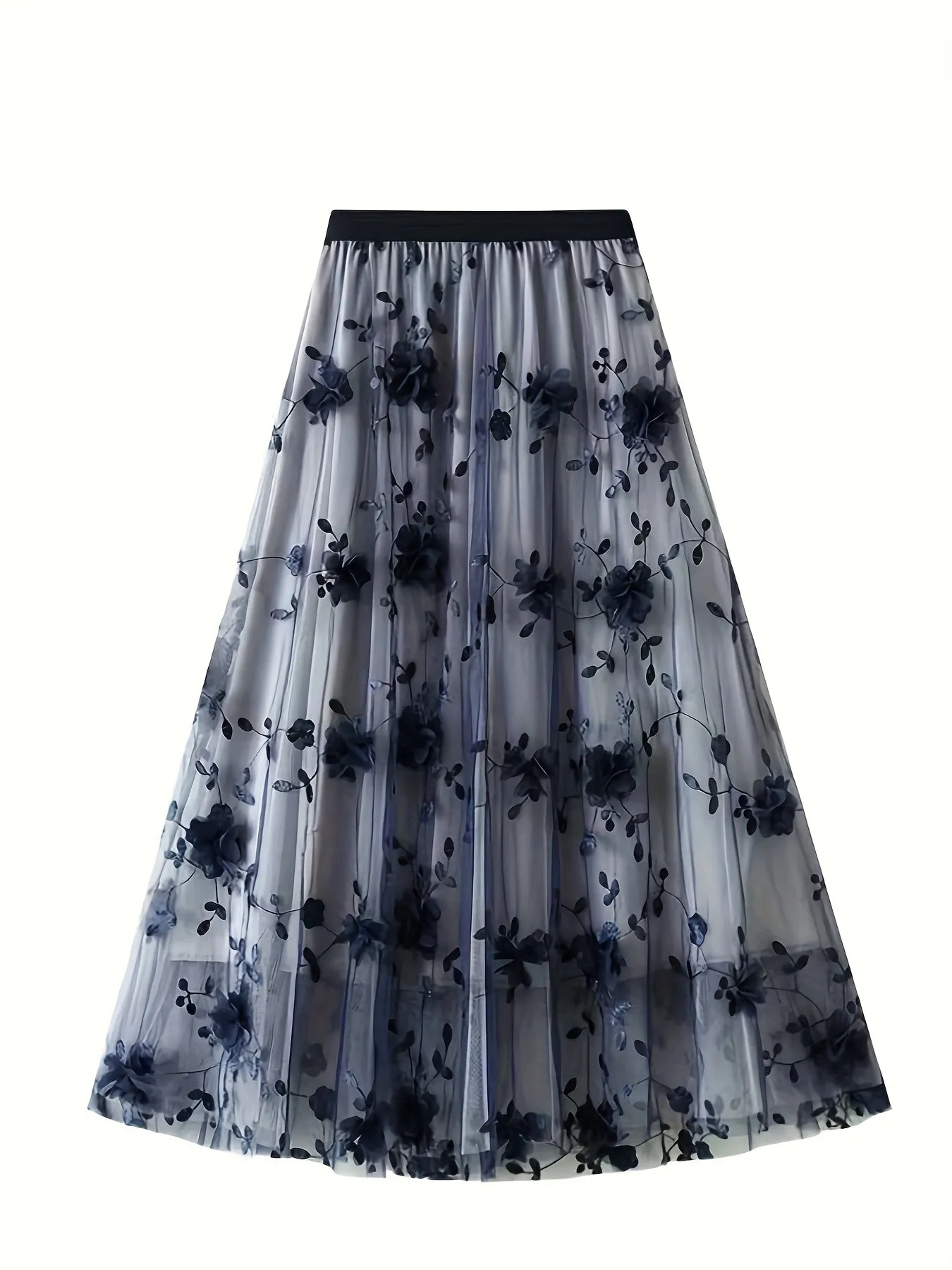 Elegant Floral Midi Skirt Light Blue A-Line Women's Dress