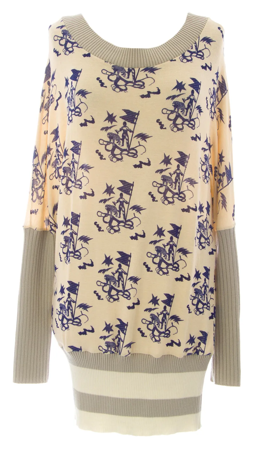 ETERNAL CHILD Women's Beige/Grey Batwing Printed Tunic Sweater NEW