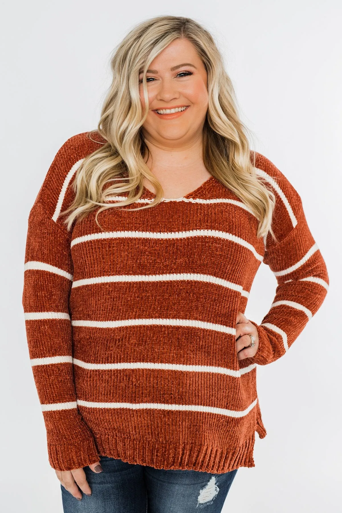 Faithfully Yours Striped Knit Sweater- Copper & Ivory