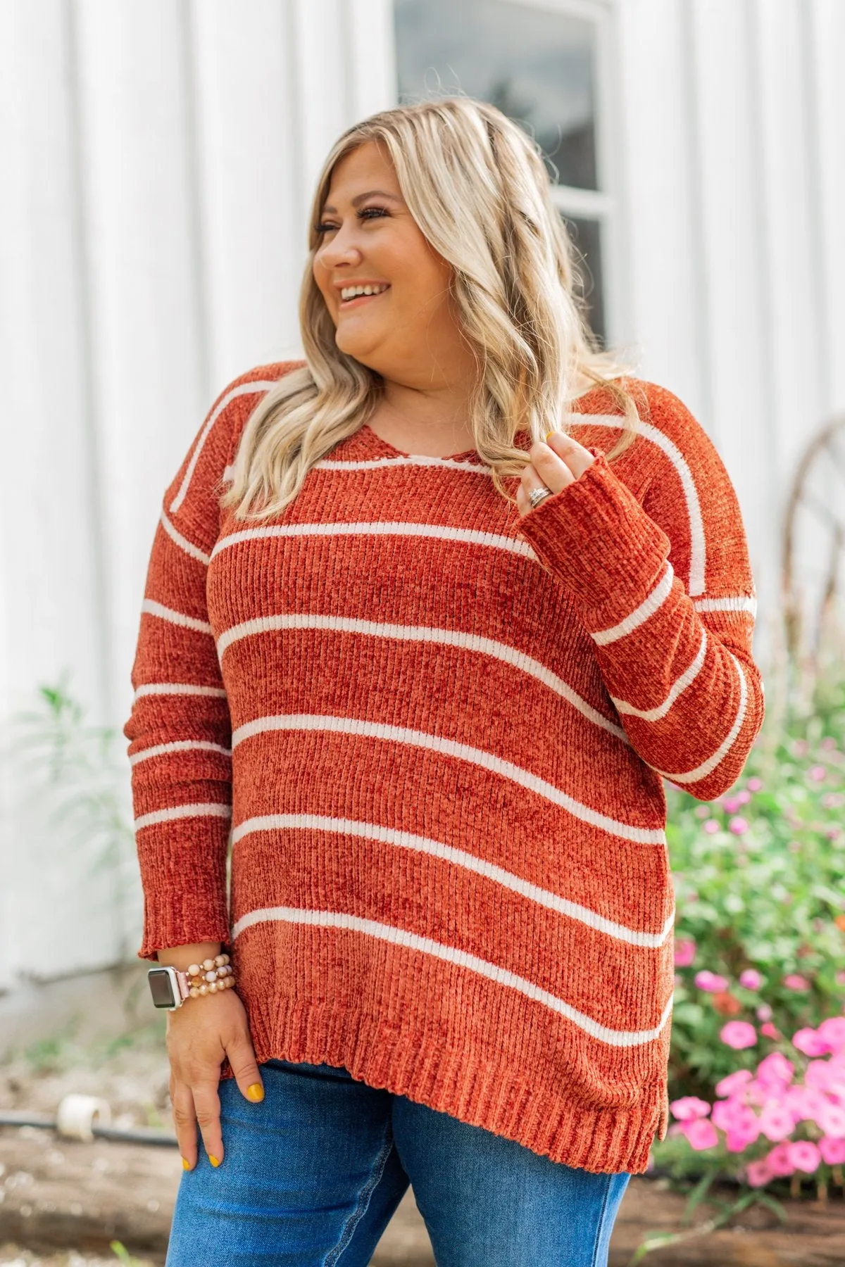 Faithfully Yours Striped Knit Sweater- Copper & Ivory