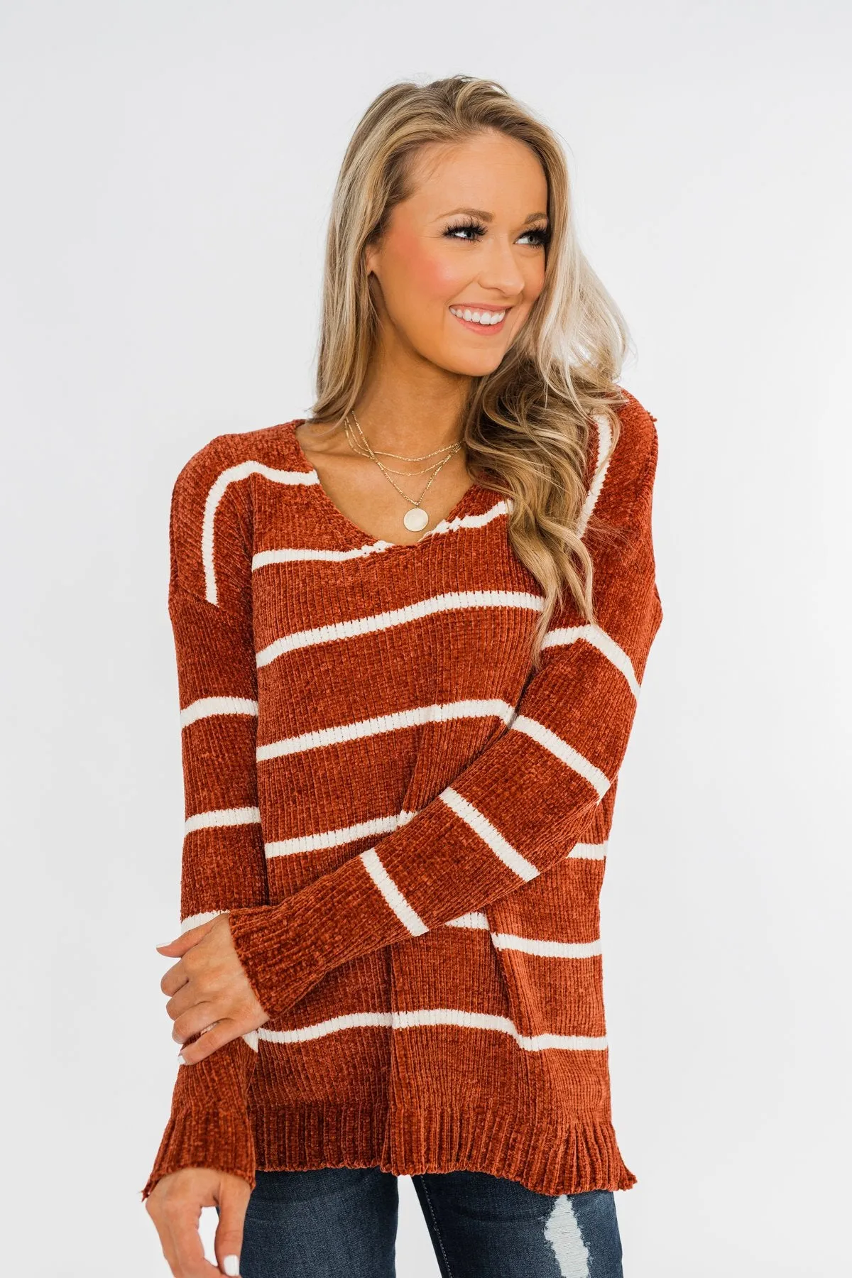 Faithfully Yours Striped Knit Sweater- Copper & Ivory