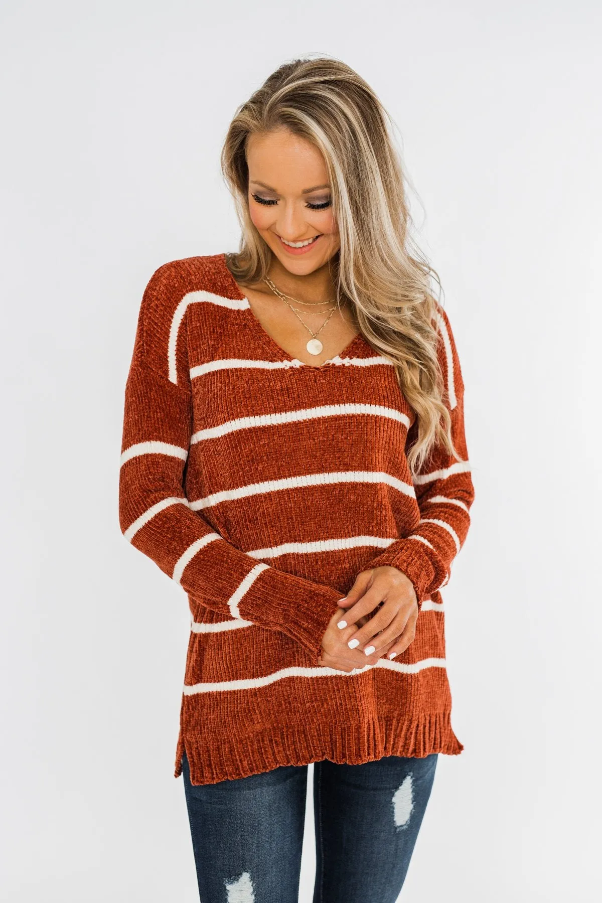 Faithfully Yours Striped Knit Sweater- Copper & Ivory