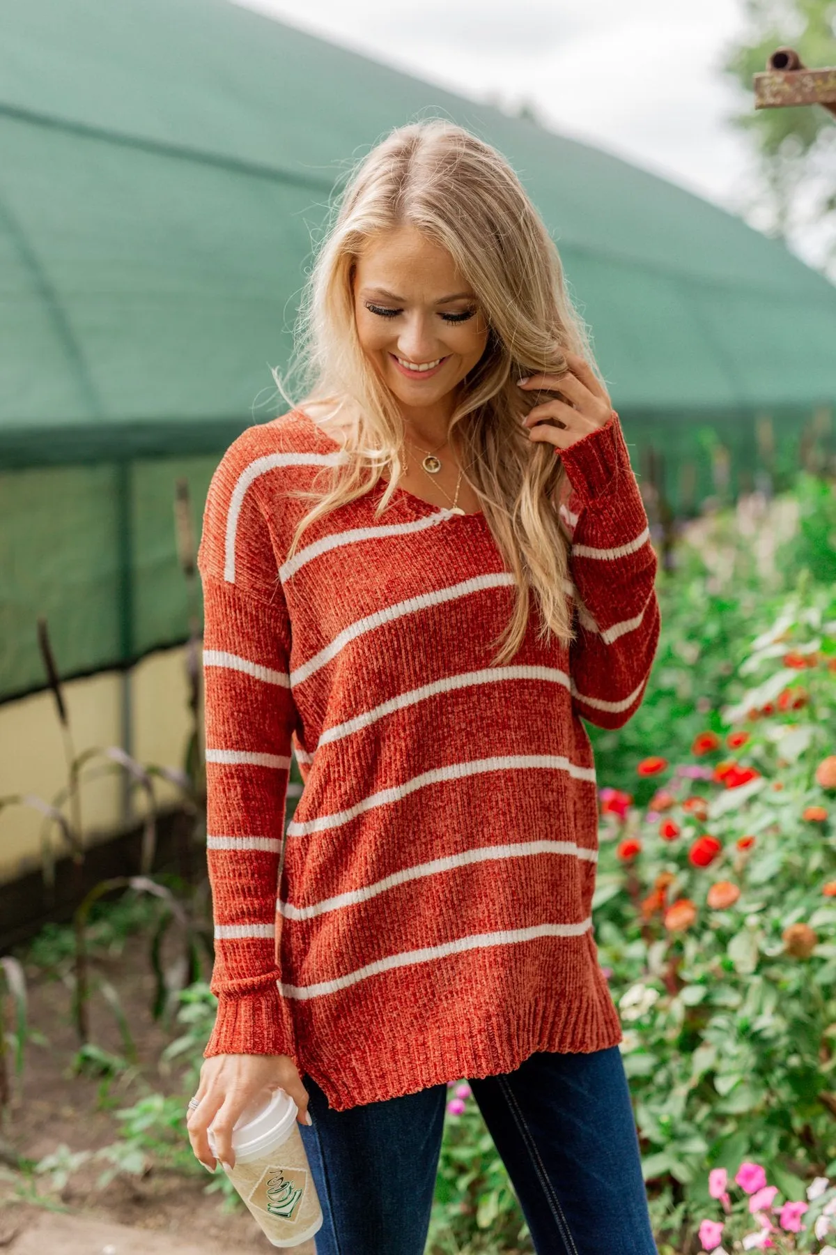 Faithfully Yours Striped Knit Sweater- Copper & Ivory