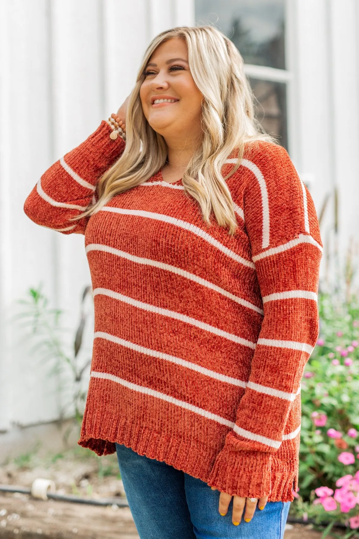 Faithfully Yours Striped Knit Sweater- Copper & Ivory