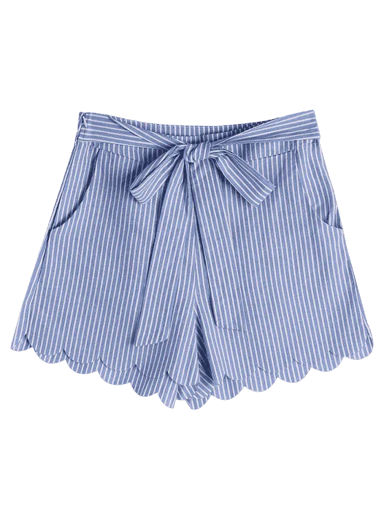 Fashion Scalloped Hem Bowknot Striped Shorts