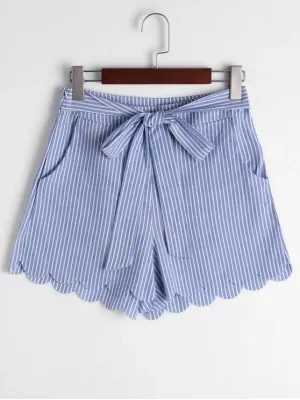 Fashion Scalloped Hem Bowknot Striped Shorts