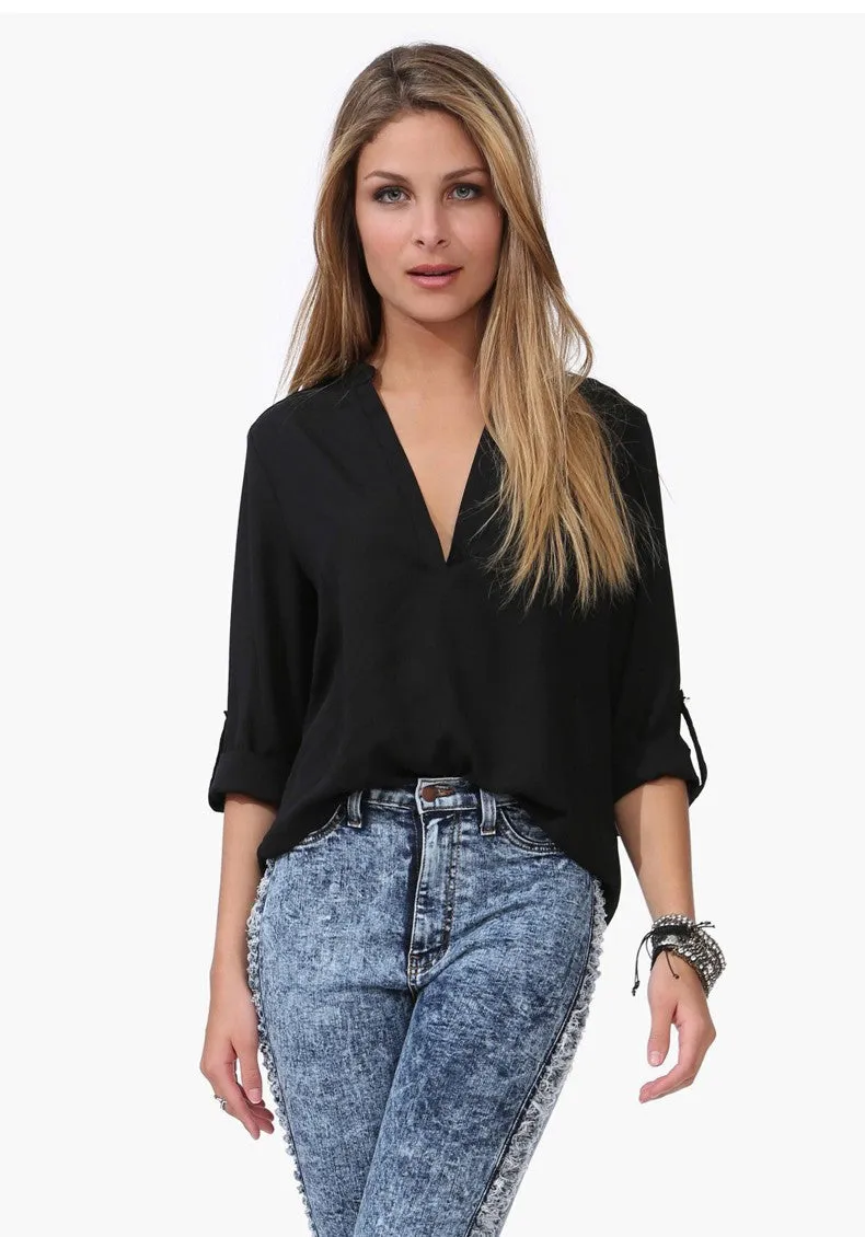 Fashion Women Temperament Casual Shirt Slim V-neck Chiffon Blouse
