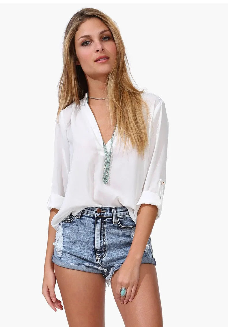 Fashion Women Temperament Casual Shirt Slim V-neck Chiffon Blouse