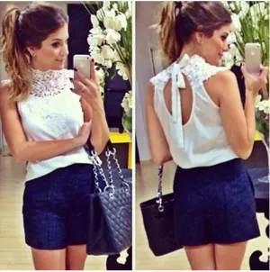 Fashion women White lace blouse sleeveless backless blusas femininas camisas branca feminino feminine shirts festa