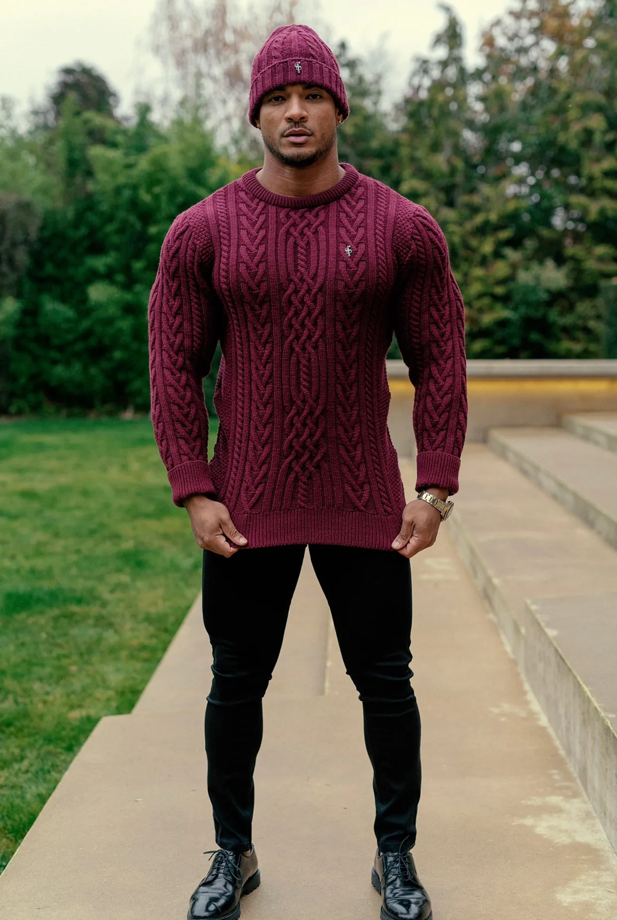 Father Sons Burgundy Twisted Braid Weave Super Slim Jumper With Gunmetal Decal - FSJ043